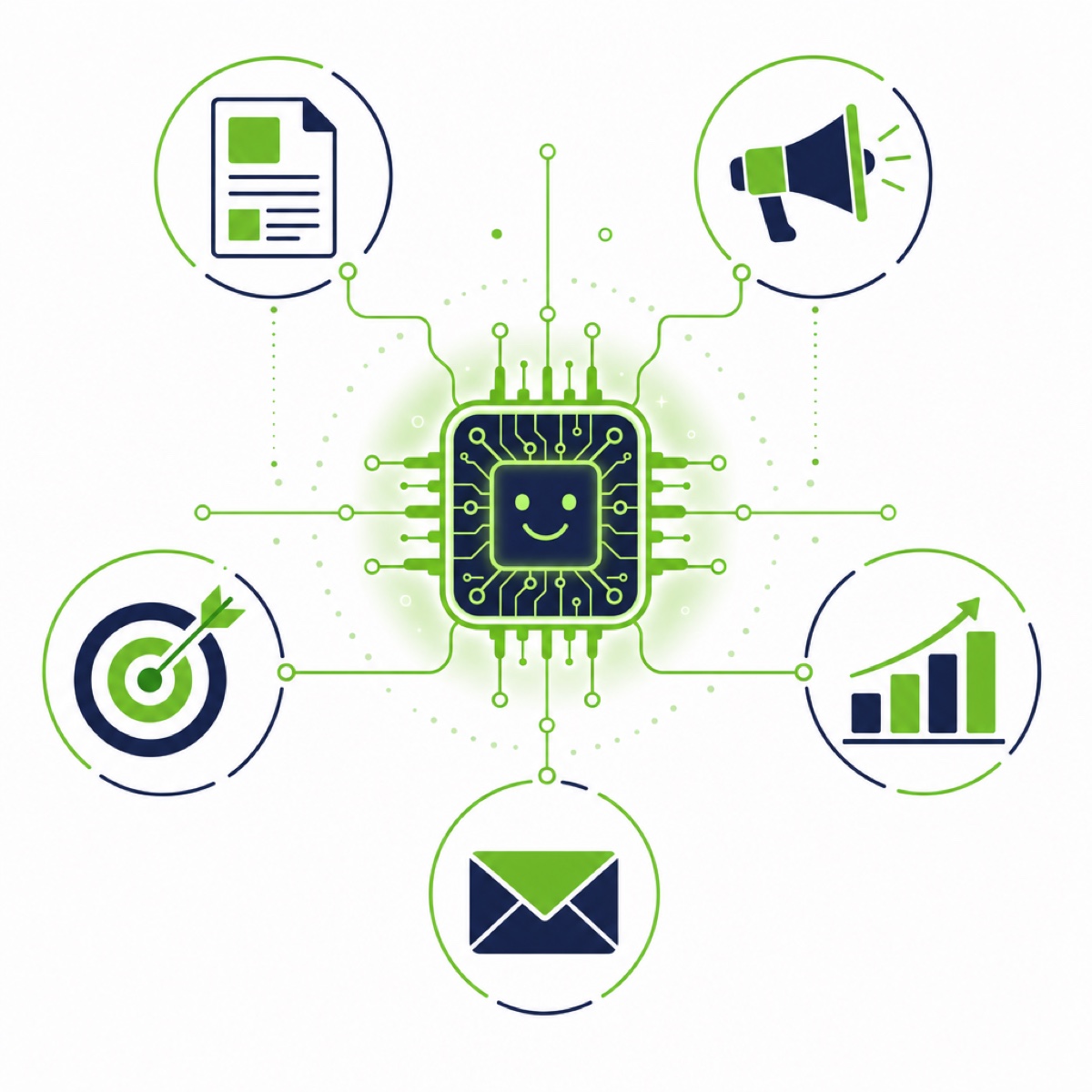 KI-Marketing & Automatisierung 5 KI-Marketing-Strategie: KI-Kern vernetzt mit Content, Ads und Analyse