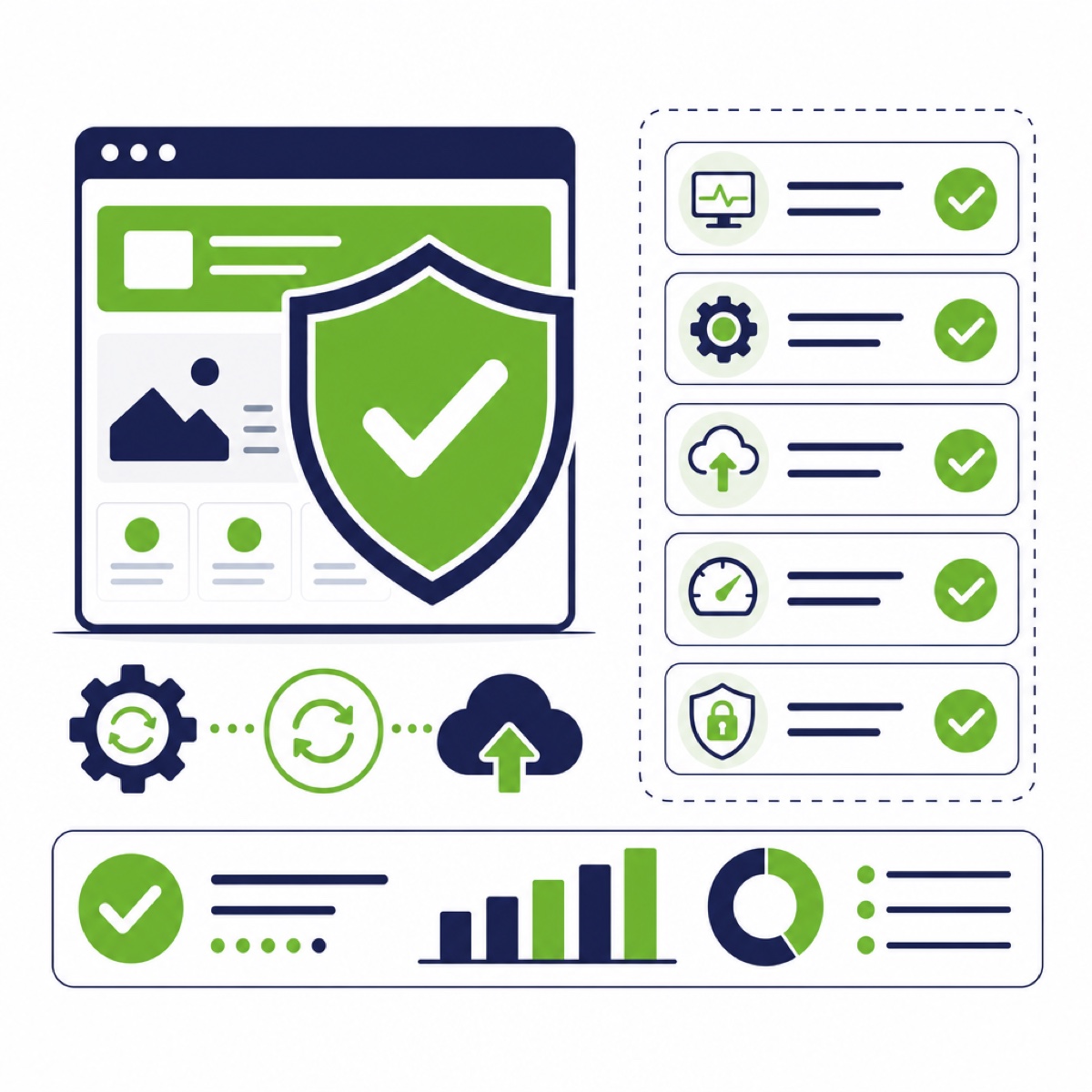 Website Pflege & Wartung - bleibe aktuell 13 Website-Wartungs-Dashboard mit Status zu Sicherheit, Updates und Backups